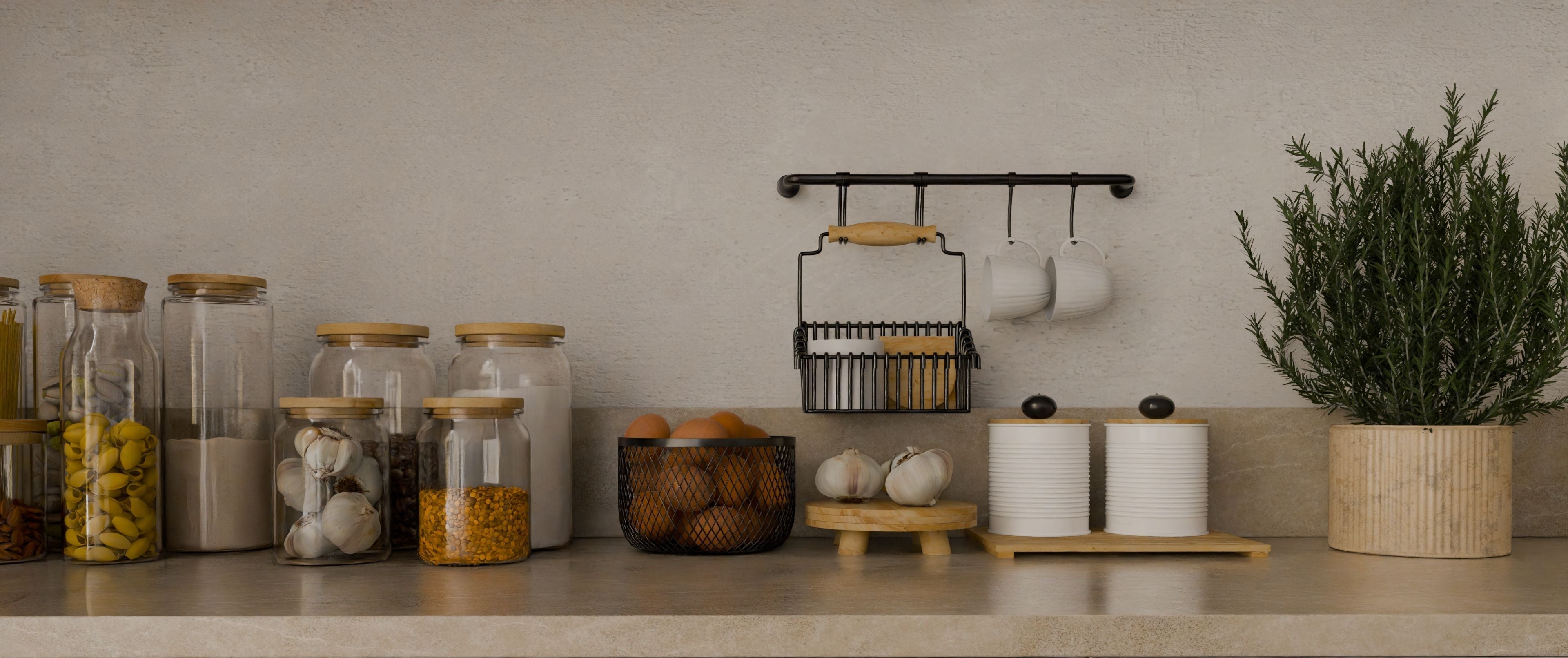 Kitchen counter with jars, a plant, and kitchen utensils on a neutral background